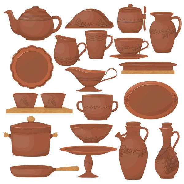 Set of ceramic pottery. Beautiful clay dishes with decorative ornament. — Stock Vector