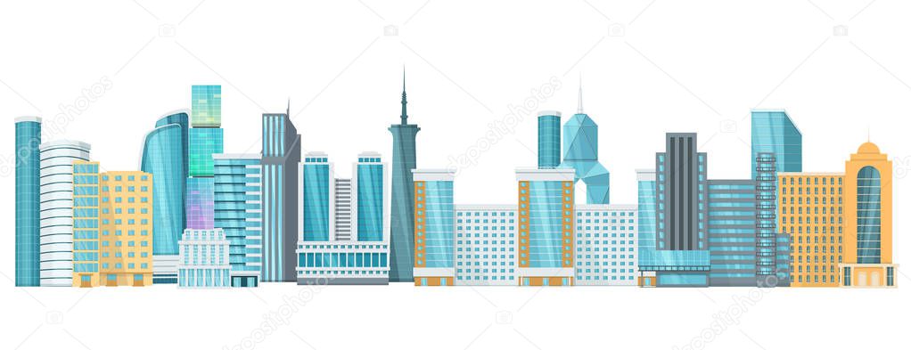 High-rise city skyscrapers. Exterior of buildings, facades architectural, urban infrastructure.