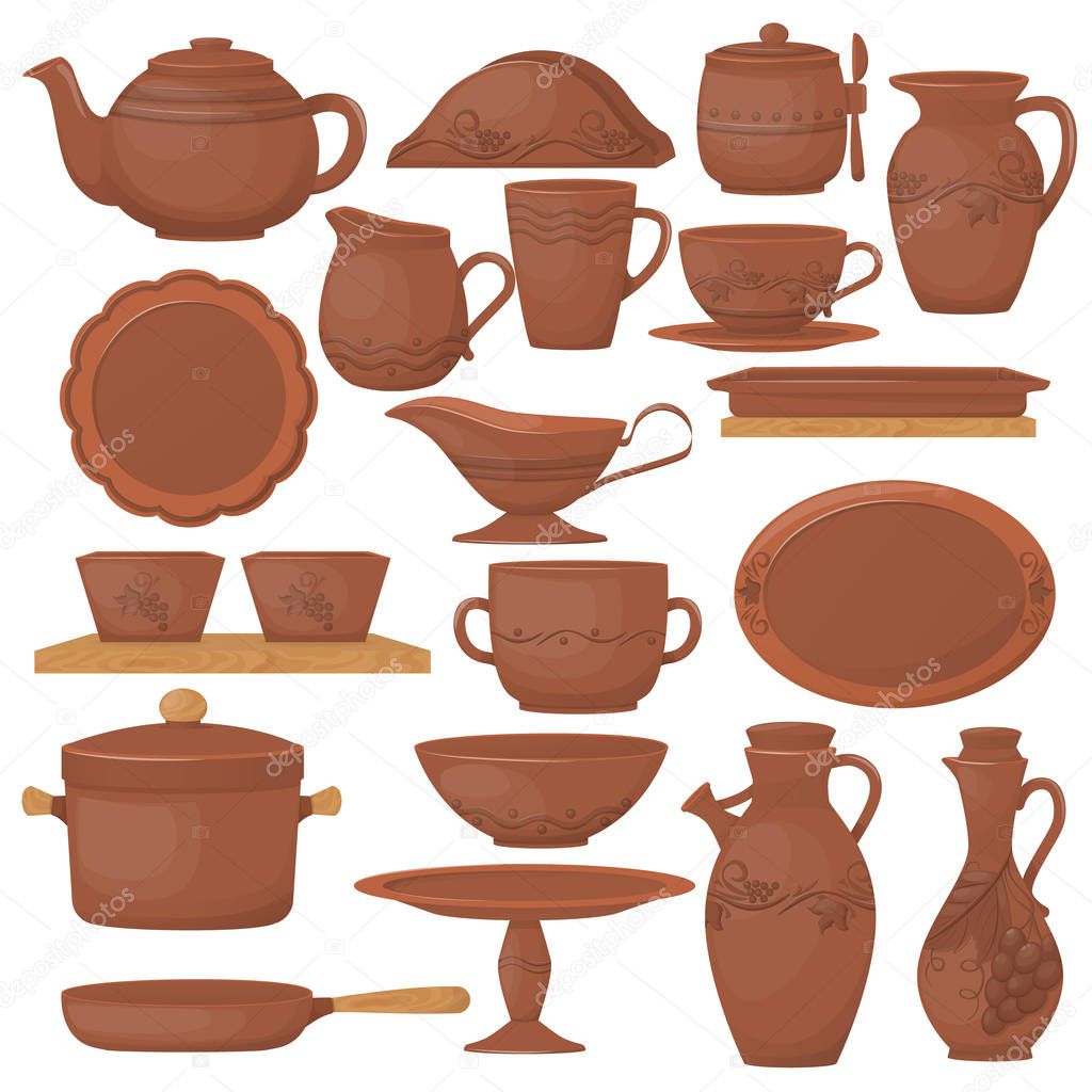 Eramic pottery. Beautiful clay dishes with a decorative ornament. Kitchenware, ceramic crockery for cooking and storage drinking, antique clay greece pottery. Vector illustration isolated.