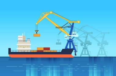 Loading from mooring of freights, by means of crane. clipart