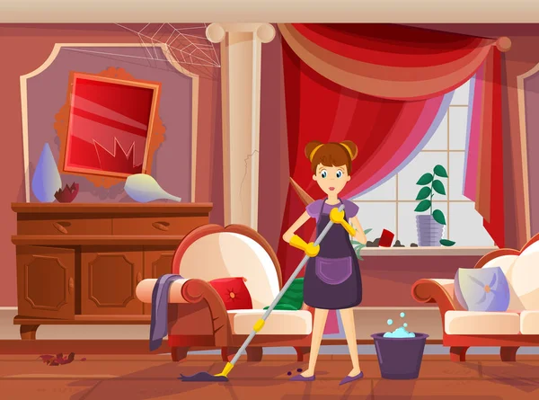Fille femme de ménage, femme au foyer, avec serpillière et chiffon, maison sale nettoyée . — Image vectorielle