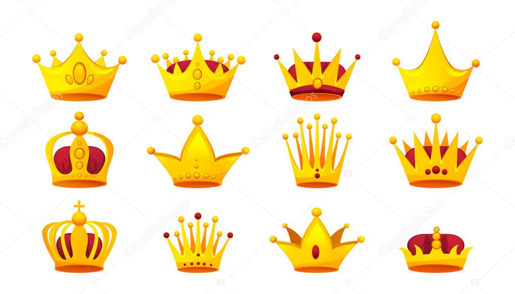 Set of gold crowns. Gold heraldry and coronation, award.