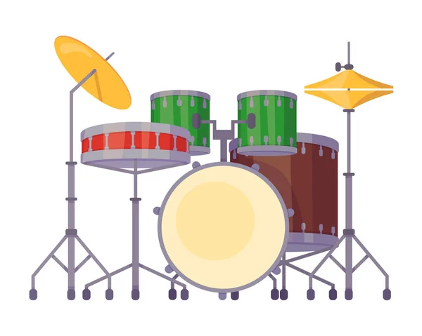 Alat musik perkusi, drum kit dengan barel suara, piring, tongkat . - Stok Vektor