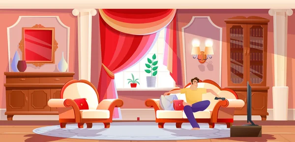 Человек отдыхает перед телевизором в светлой гостиной . — стоковый вектор