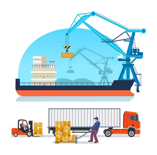 物流、仓储、装货、运输货物的船舶和卡车. — 图库矢量图片