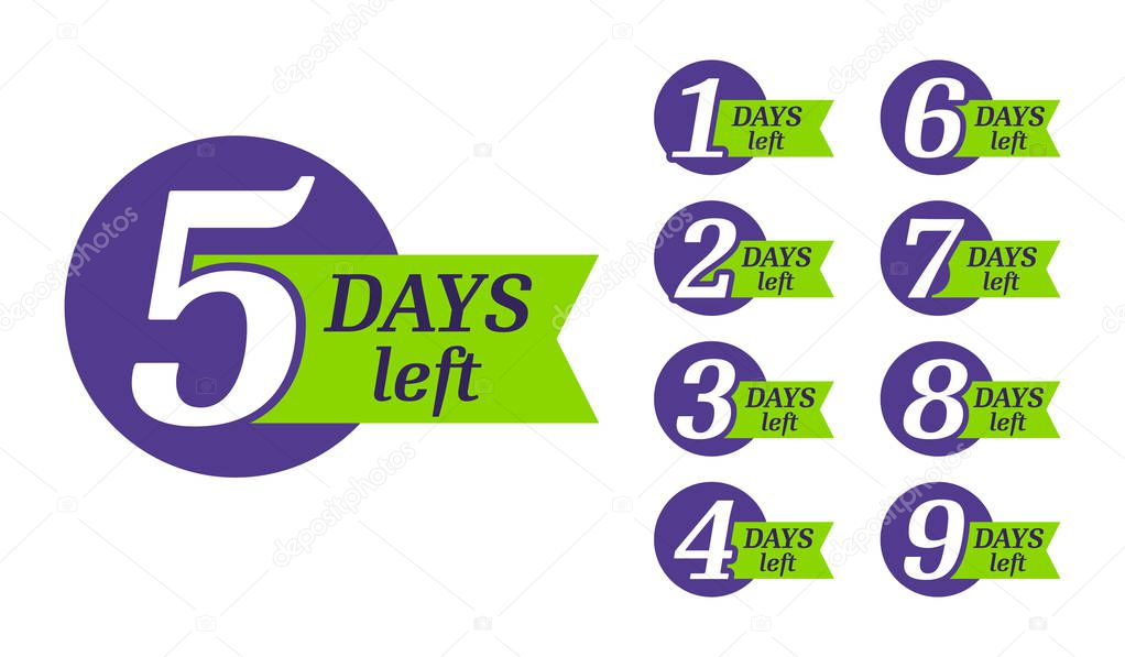Logos, badges, tags signs, stickers, badges, for sale and promotion. Number of days left with the promotion, days to go. Promotional banner with number of days timer. Vector illustration.