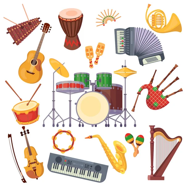 Uppsättning moderna musik instrument för helgdagar, karnevaler, evenemang. — Stock vektor