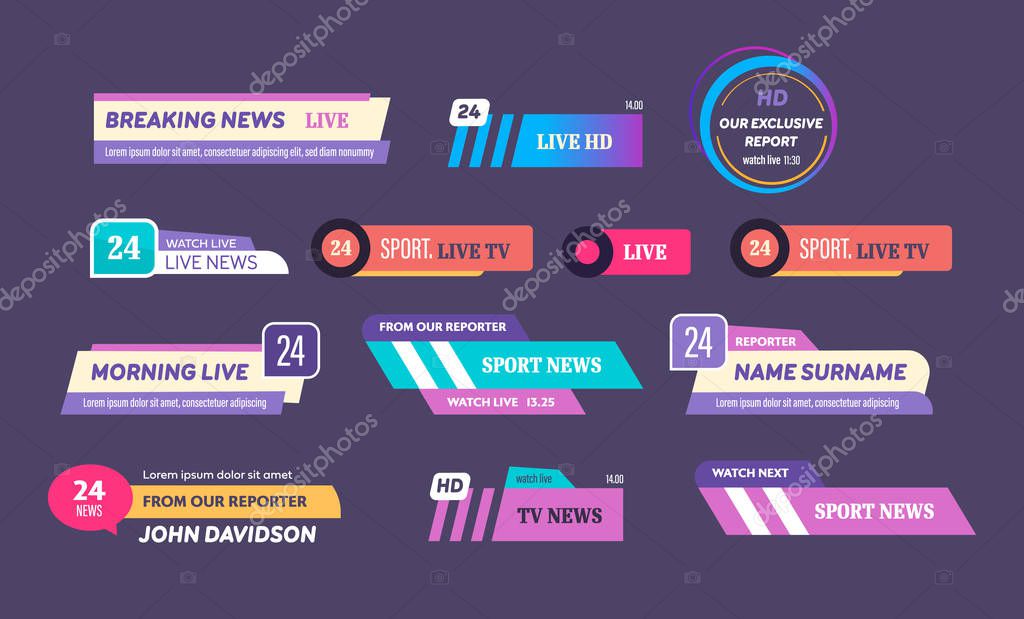 Set of tv news bar logos, icons of news feeds, television, radio channels. Emblems of live television broadcast media title banner, online content, show news channel media bar. Vector illustration.