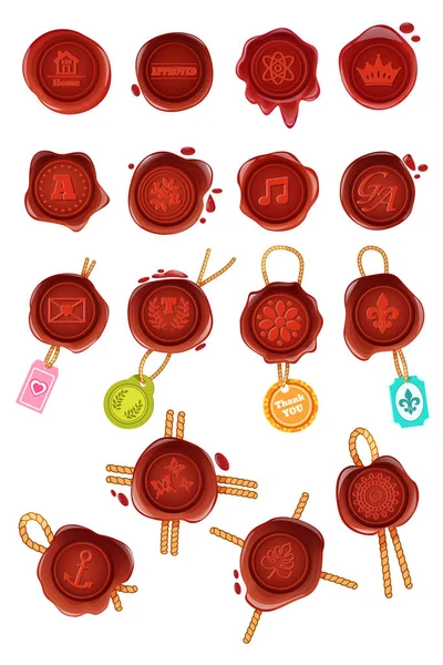 Jeu de sceaux de cire rouge vintage, avec logos, icônes, pictogrammes . — Image vectorielle