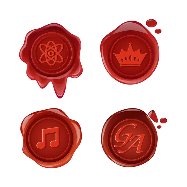 Sellos de cera roja retro y vintage, con logotipos, iconos, pictogramas . — Vector de stock