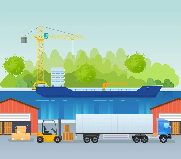 Lagerhållning av gods, logistik. Lagring och transport, frakt, leverans. — Stock vektor