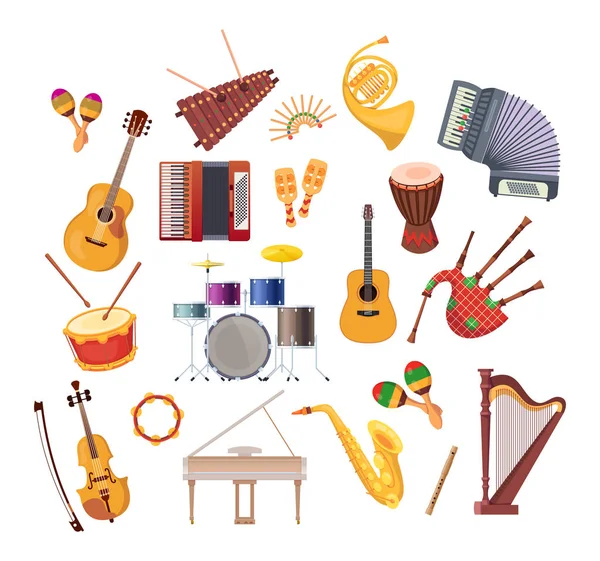 Uppsättning av olika musikinstrument för festivaler, konserter, helgdagar. — Stock vektor