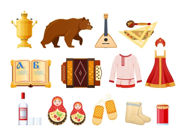 Concetto cultura russa. Set di beni culturali, monumenti, simboli, tradizioni . — Vettoriale Stock