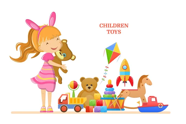 Conjunto de juguetes infantiles para niña. Coloridos juegos de niños . — Archivo Imágenes Vectoriales