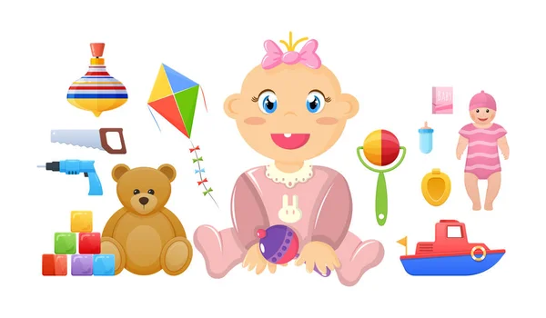 Set di giocattoli per bambini per neonato. Giochi per bambini colorati . — Vettoriale Stock