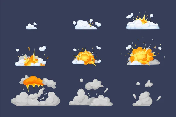 Animation de cadre avec effet de combustion, explosion, divisé en images . — Image vectorielle