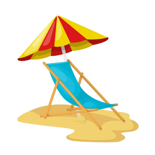 Parasoll och solstol i trä på sandstrand. — Stock vektor