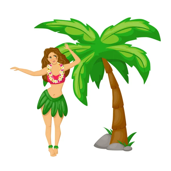 Hermosa chica hawaiana en vestido tradicional bailando al lado de la palma . — Vector de stock