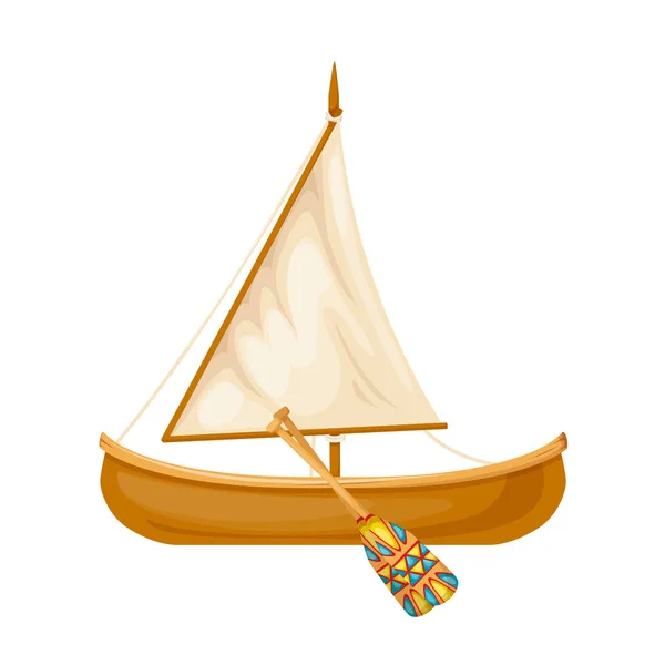 Barco à vela de madeira com remos. Água, tipo de transporte marítimo . —  Vetores de Stock