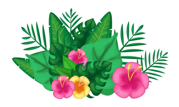 Tropical exotic green summer plants with leaves and flowers. — Stock Vector