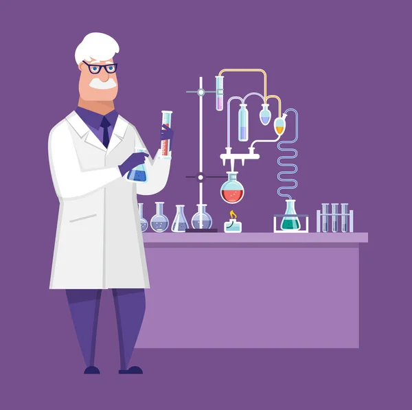 Researcher chemical laboratory, male scientist, conducts chemical research, experiments. — Stock Vector