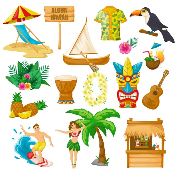 A hawaii kultúra modern hagyományos tárgyai. Utazás egzotikus országokban. — Stock Vector