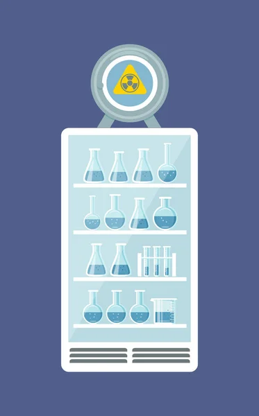 Gabinete de enfriamiento con productos químicos, sustancias, tubos de ensayo, para experimentos, investigación . — Vector de stock