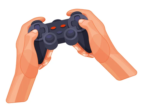 Hands holding plastic game joystick from modern computer games. — Stock Vector