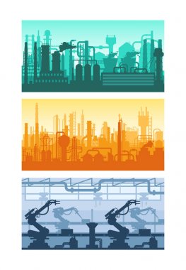 Makine yapımı, petrol rafinerisi, gaz santralleri, binaların siluetleri, tesisler, tesisler.