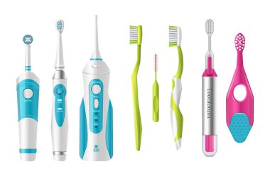 Ultrason ve pil ile plastik diş fırçaları, farklı şekiller, set.