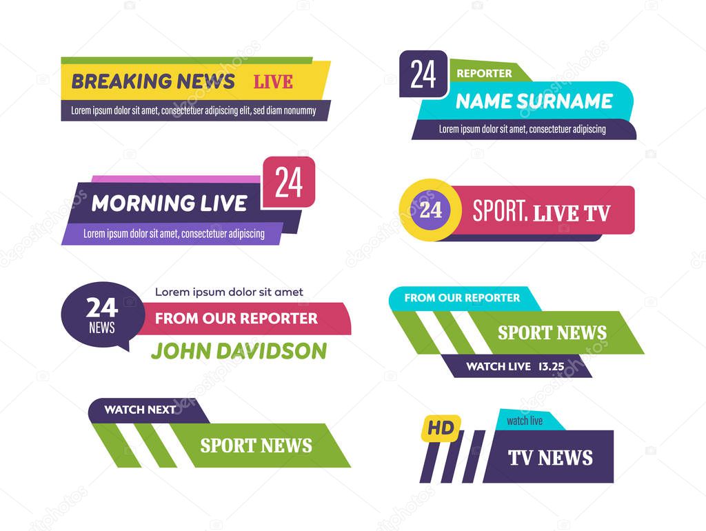 Television channel broadcasting service set of tv news bar logos, icons of television, radio channels, breaking news. Emblems of live television broadcast media title banner, show news channel media