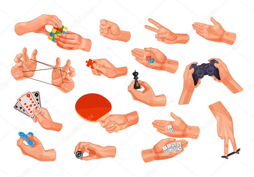Set of icons, images, with human hands, hold game items.