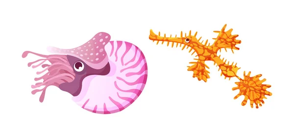 Ενυδρείο καρτούν φύκια κατσαρίδα, οστρακοειδή θαλάσσια ζώα για παιχνίδια. — Διανυσματικό Αρχείο