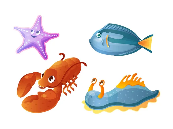 Аквариумные мультяшные лобстеры, яркие морские слизни, морские звезды, рыбы — стоковый вектор
