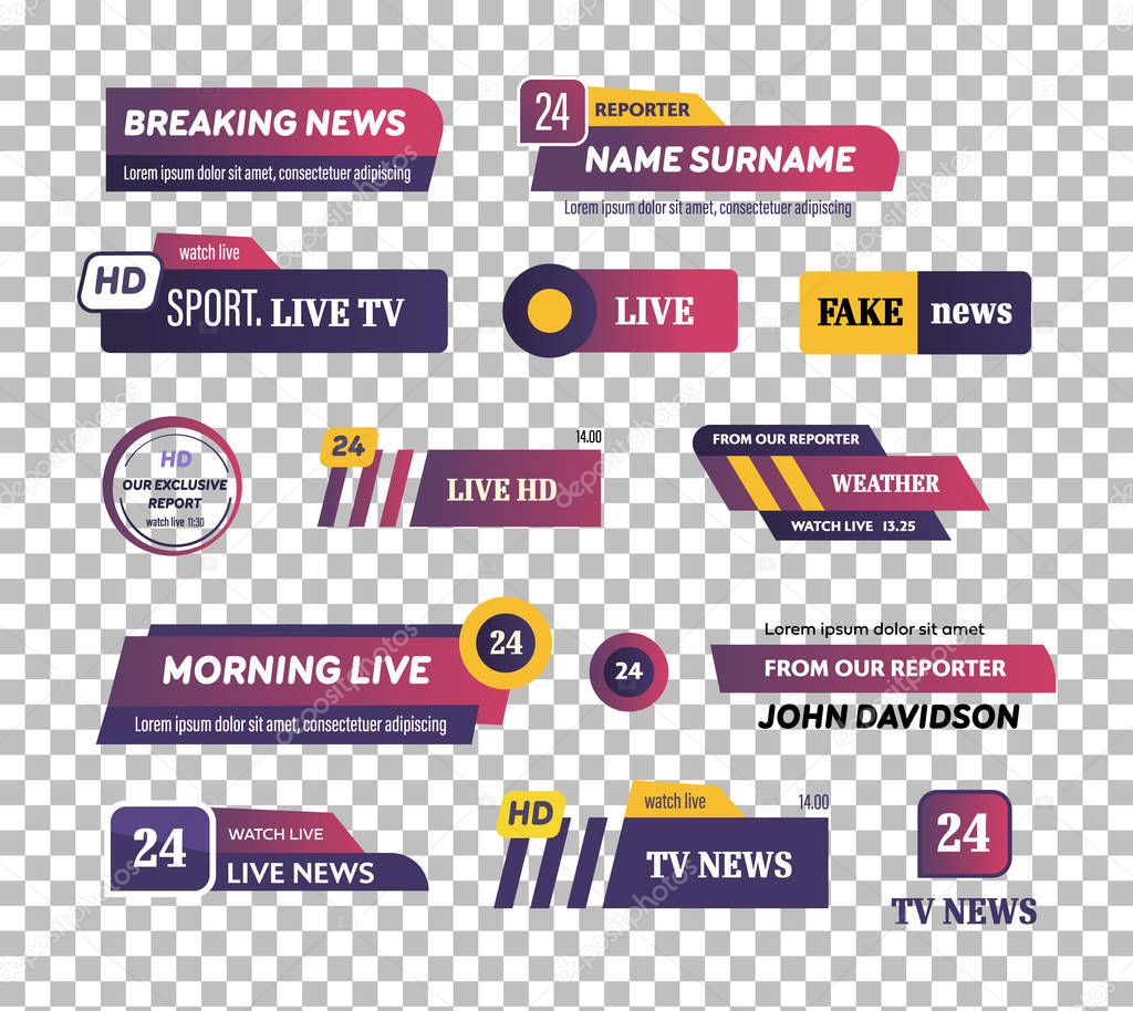 Television channel broadcasting service set of tv news bar logos, icons of television, radio channels, breaking news. Emblems of live television broadcast media title banner, show news channel media