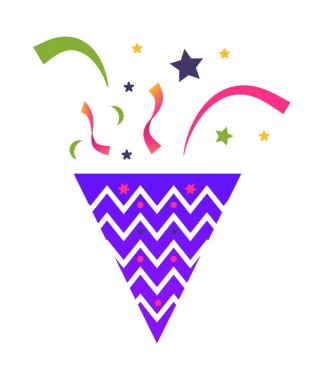 Konfeti parti popper, yıldız, kurdeleler, çizgili kağıt ile doğum günü patlayan parti.