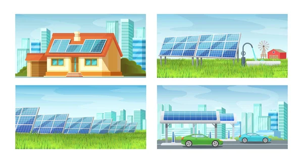 Sonnenkollektoren, alternative Energien. grüne umweltfreundliche Energiegewinnung, Energieeinsparung. — Stockvektor