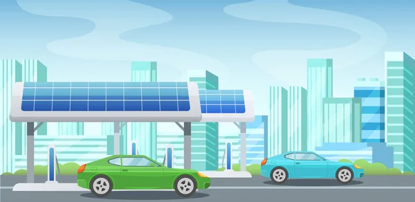Sonnenkollektoren, alternative Energien, Tankstelle, Laden von Autos aus Strom. — Stockvektor