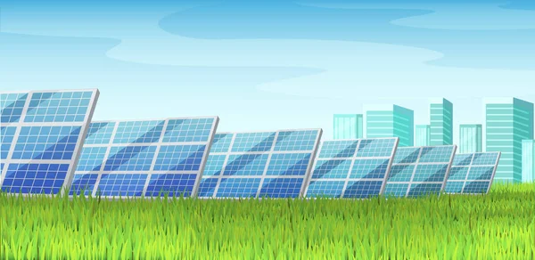 Paneles solares, energía alternativa, en un césped verde . — Vector de stock