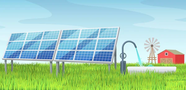 Panneaux solaires, énergie alternative, sur une pelouse verte . — Image vectorielle