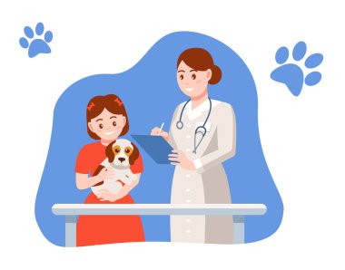 Genç mutlu kız evcil hayvan kucaklıyor, veteriner doktor resepsiyonda.