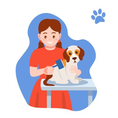 Köpek yavrusuna bakmak, evcil hayvan. Kız kurur, köpeklerin saçını tarar..