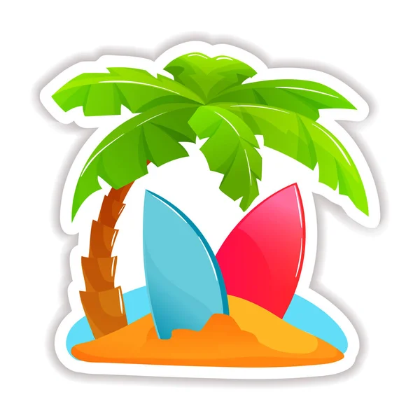 Playa con equipaje, accesorios, palmeras, tabla de surf en las olas . — Vector de stock