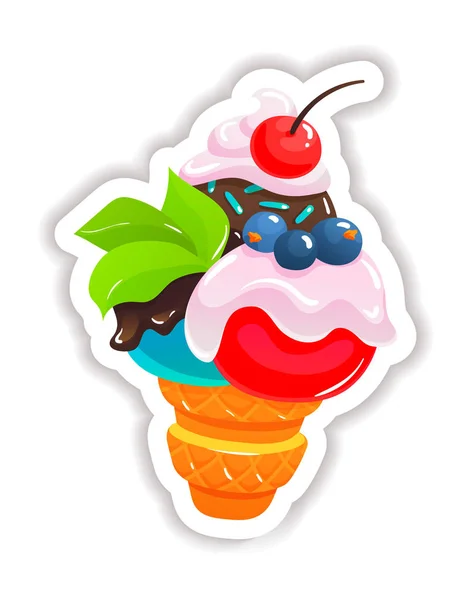 Pegatina de cono de gofre con helado, bayas, chocolate, postre de verano . — Vector de stock