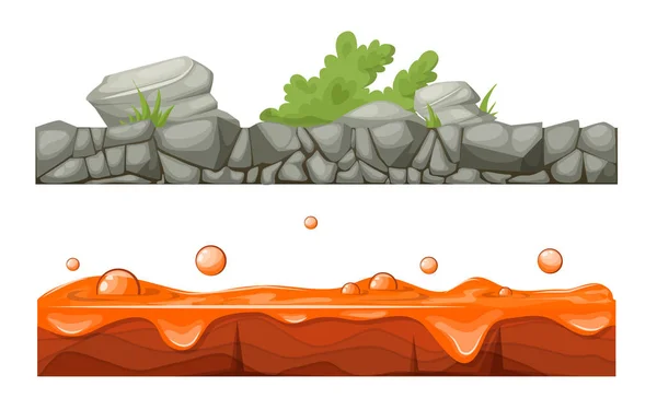 Steenachtig, rotsachtig oppervlak van de aarde met vegetatie, lava met kraters. — Stockvector