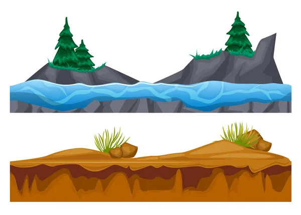 Rotsachtige oppervlakte van land met vegetatie, water, gemalen met zand. — Stockvector