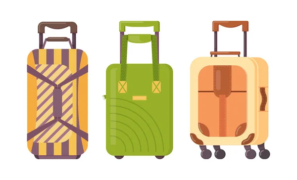 Komplet plastikowych, metalowych i skórzanych walizki, Futerały na bagaż. — Wektor stockowy