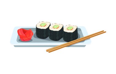 Lezzetli yemek - Asya rulo ve suşi, zencefil ve wasabi ile.