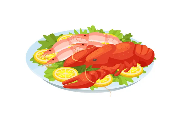 Delicioso plato - cangrejos de río y camarones, con verduras y limones . — Vector de stock