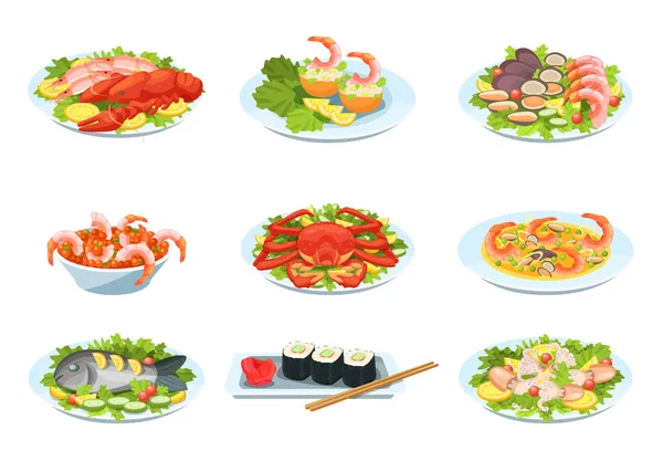 Set di piatti di pesce festivi, prelibatezze con bella presentazione . — Vettoriale Stock